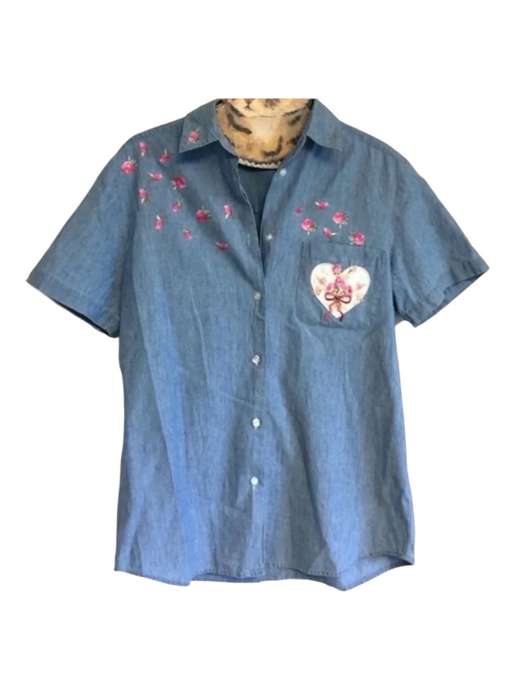 Karen Scott Embroidered Heart Denim Shirt Flowers